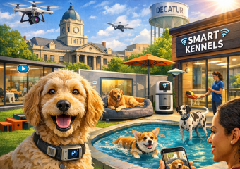 Graphic illustrating 2026 Decatur dog boarding trends with smart kennels and high-tech pet care.