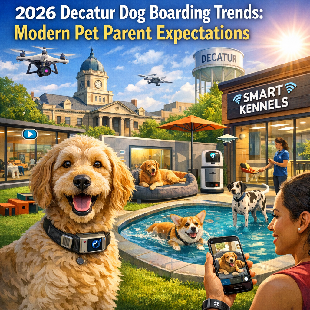 Graphic illustrating 2026 Decatur dog boarding trends with smart kennels and high-tech pet care.