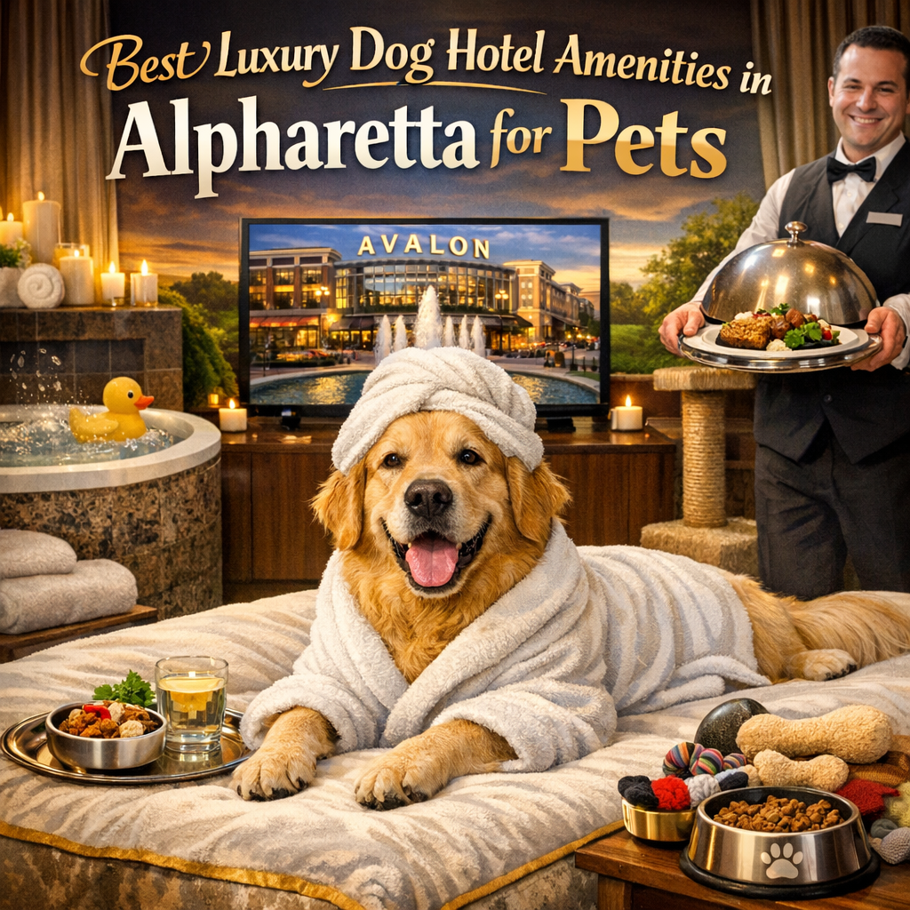 Luxury Alpharetta dog hotel room with plush bedding and gourmet food bowls.