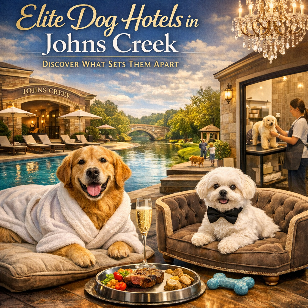 Luxury dog suite in a Johns Creek dog hotel, with plush bedding and high-end decor.