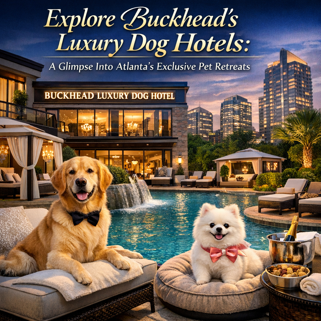 A luxurious dog hotel suite in Buckhead, featuring plush bedding and elegant decor.