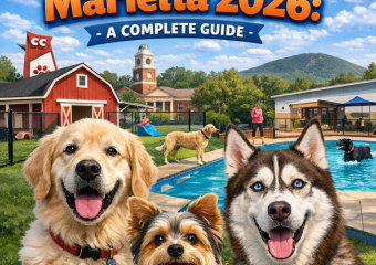 Happy dogs playing in a pet-friendly boarding facility in Marietta, 2026.