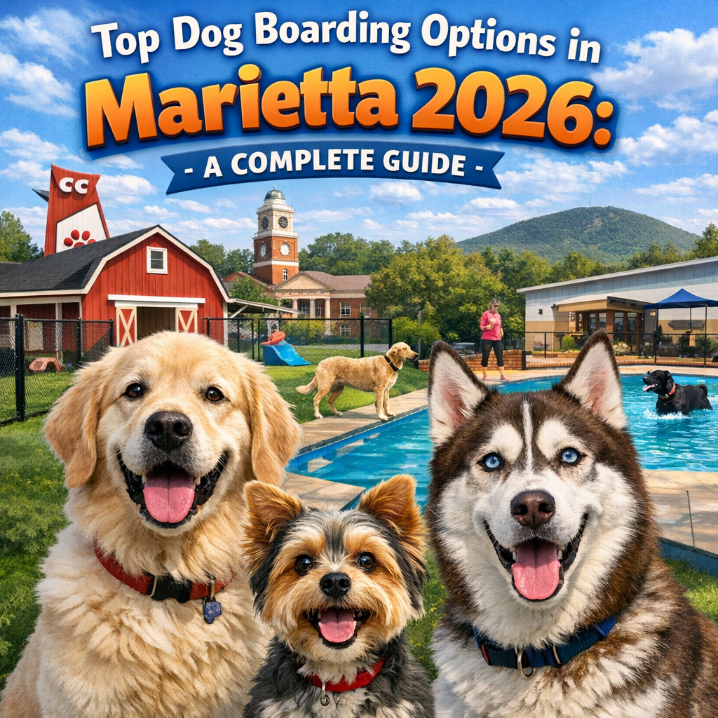 Happy dogs playing in a pet-friendly boarding facility in Marietta, 2026.