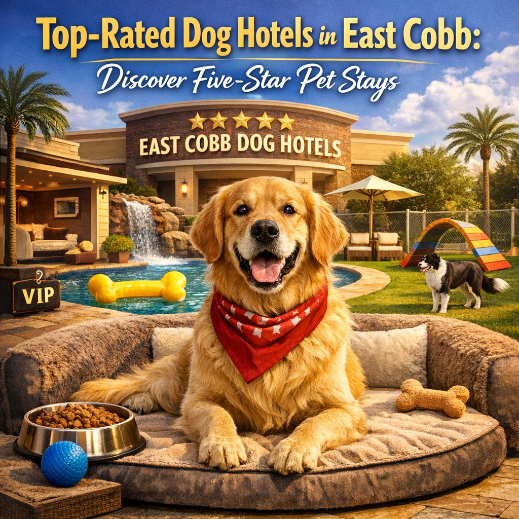 A luxurious dog hotel room in East Cobb with a plush bed and premium amenities.
