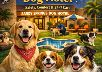 A cozy dog resting comfortably in a well-furnished room of the Sandy Springs dog hotel.