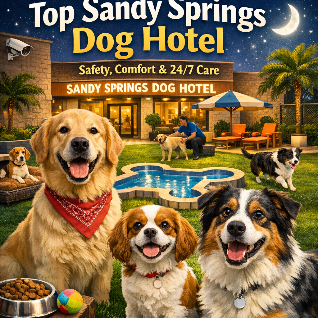 A cozy dog resting comfortably in a well-furnished room of the Sandy Springs dog hotel.