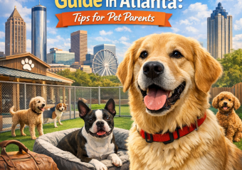 A happy dog with a suitcase, standing in front of Atlanta's skyline.